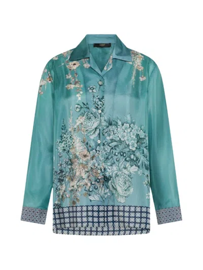 Seventy Camicia In Seta Verde Con Stampa Floreale  In Blue