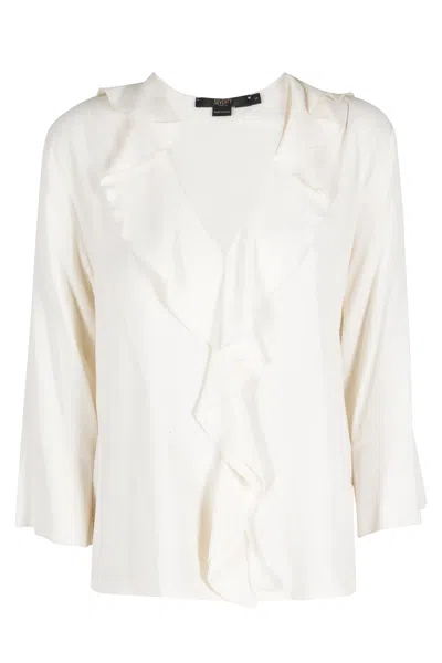 Seventy Cream Ruffle V-neck Three-quarter-sleeve Cotton Shirt In White