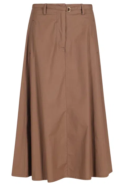 Seventy Earth Belted A-line Elastic-back Cotton Midi Skirt In Brown