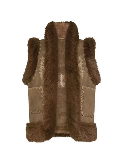 Seventy Faux-fur Trim Embroidered Gilet In Brown