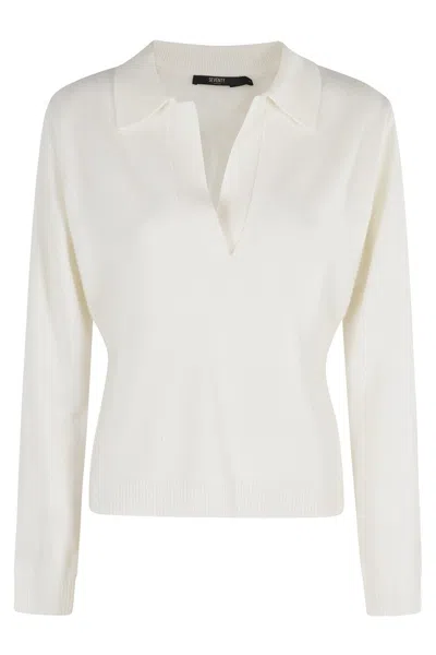 SEVENTY LONG SLEEVE CREAM POLO SHIRT WITH V-NECK AND CLASSIC COLLAR