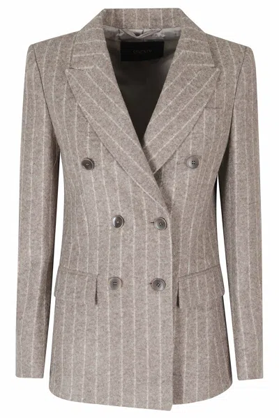 Seventy Mud Striped Double-breasted Back Vent Acrylic-blend Jacket In Gray