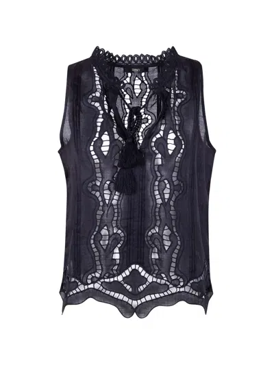 Seventy Openwork Lace Ramie Top In Black