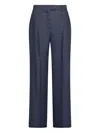 Seventy Long Double Pleated Trousers In Stretch Linen Blend Denim In Blue