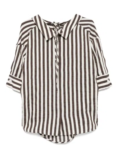 Seventy Striped Linen Blend Shirt With Concealed Button Fastening In Brown