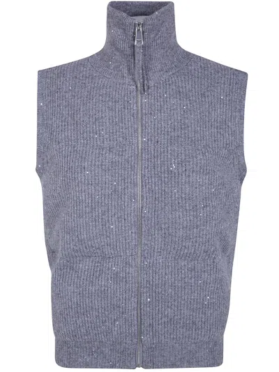 Seventy Sequin-embellished Ribbed-knit Gilet In Blue