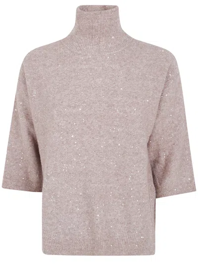 Seventy Sequin-embellished High-neck Fine-knit Top In Brown