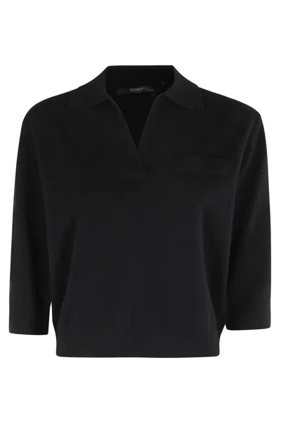 Seventy Three-quarter Sleeve V-neck Cashmere Sweater With Classic Collar In Black
