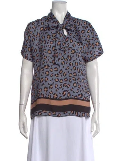 Pre-owned Seventy Venezia Animal Print Tie Neck Top In Blue
