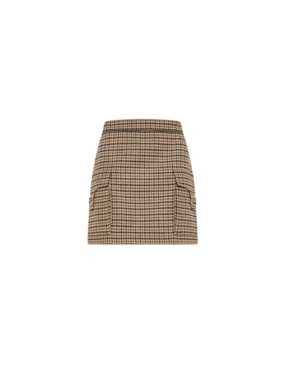 Seventy Venezia Plaid Faux Leather Trim Wool-blend Mini Skirt In Brown