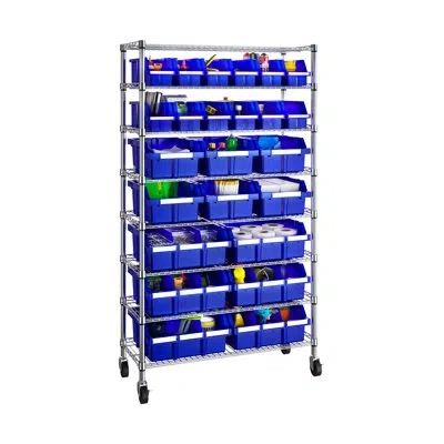 Seville Classics 36" W Nsf-certified Commercial 8-tier 24-bin Storage Rack With Wheels In Chrome,blue