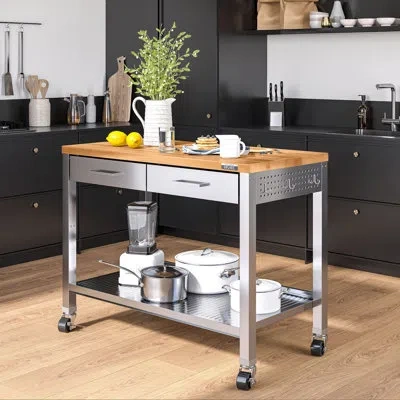 Seville Classics 48'' Wide Stainless Steel Kitchen Rolling Cart Island With Solid Wood Top In Silver