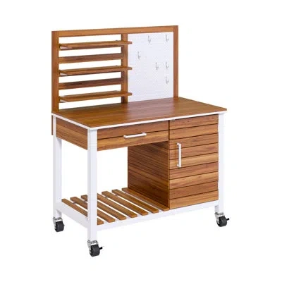 Seville Classics Acacia Wood Outdoor Potting Bench Table & Lockable Wheels In White