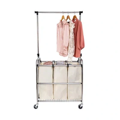 Seville Classics Rolling 3-bag Steel Laundry Sorter With Hanging Bar In White