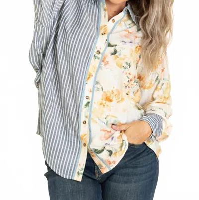 Sew In Love About Ya Cotton Blend Long Sleeve Button Up Top In Denim In Silver