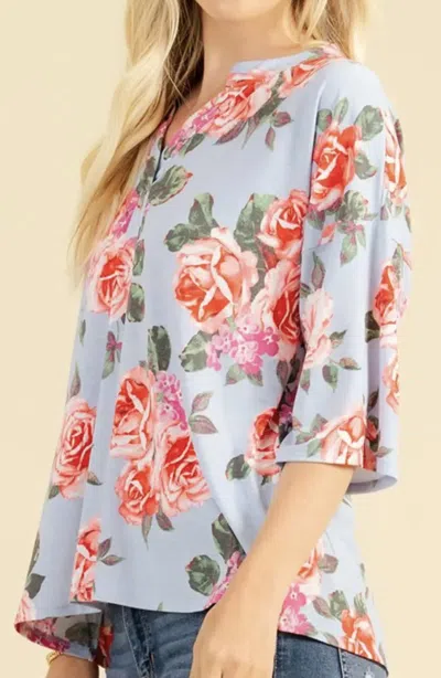 Sew In Love Blue & Red Floral Half Sleeve Top In Multi