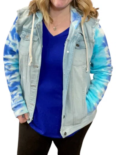 Sew In Love Denim Jacket With Tie Dye Accents Hoodie In Blue