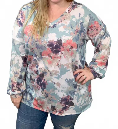 Sew In Love Floral Long Sleeve Weekender Top In Sage & Ivory In Gray