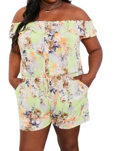 Sew In Love Full Size Pure Delight Floral Off-shoulder Romper In Neon Yellow