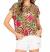 Sew In Love Leopard And Floral Print Top In Brown/ Fuchsia In Blue