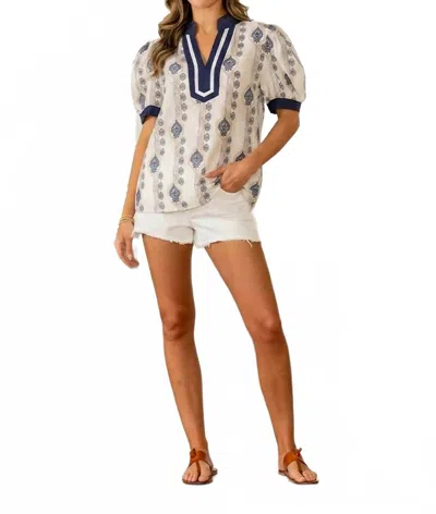 Sew In Love Relaxed Fit Geometric Print Notch Neck Top In White/blue In Multi
