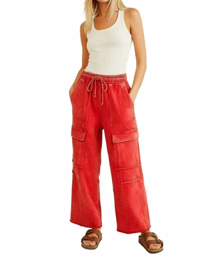 Sewn And Seen Lori Mineral Washed Terry Cargo Pants In Red