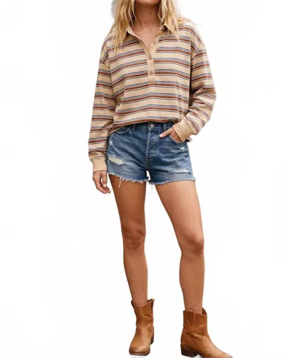Sewn And Seen Oversized Striped Lightweight Polo Top In Oatmeal Combo In Multi