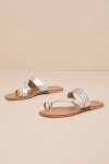 SEYCHELLES SUMMER RAIN SILVER METALLIC LEATHER STRAPPY SLIDE SANDALS