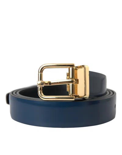 Seymayka Blue Calf Leather Gold Metal Buckle Belt Men