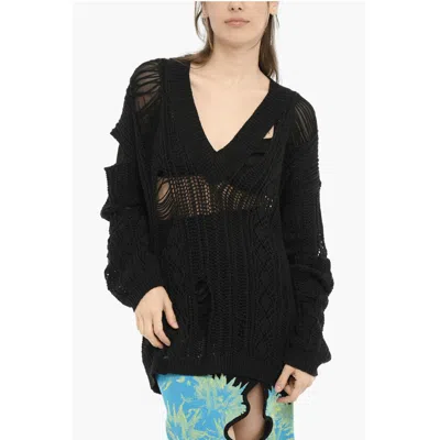 Seymayka Perforated V-neck Maxi Sweater With Cut-out Details