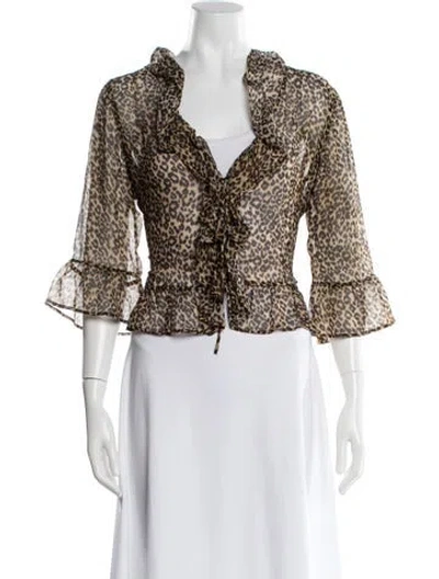 Pre-owned Sézane Animal Print V-neck Blouse In Green