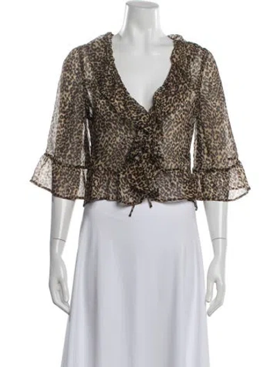 Pre-owned Sézane Animal Print V-neck Blouse In Green