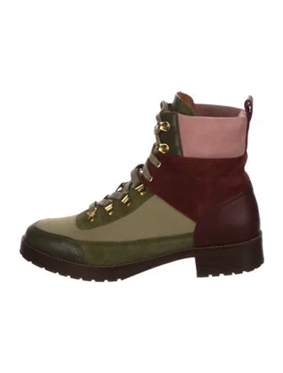Pre-owned Sézane Canvas Colorblock Pattern Combat Boots In Green
