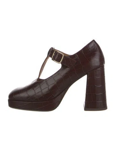 Pre-owned Sézane Embossed Leather T-strap Pumps In Brown