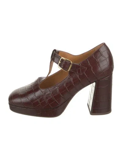Pre-owned Sézane Embossed Leather T-strap Pumps In Brown