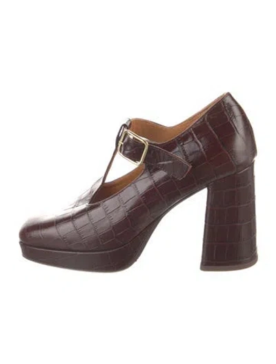Pre-owned Sézane Embossed Leather T-strap Pumps In Brown