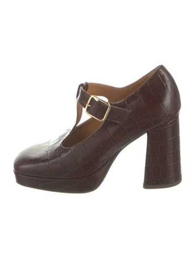 Pre-owned Sézane Embossed Leather T-strap Pumps In Brown