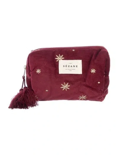 Pre-owned Sézane Embroidered Velvet Cosmetic Bag In Burgundy