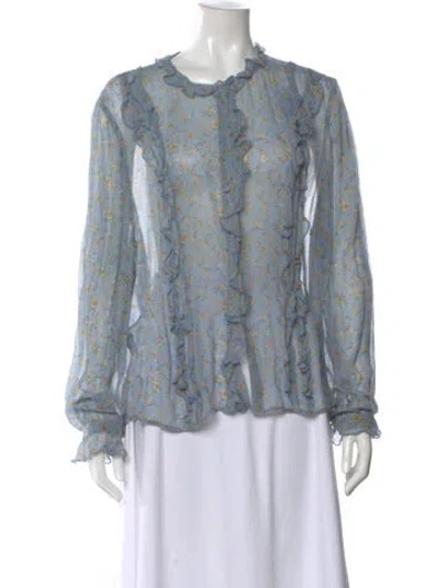Pre-owned Sézane Floral Print Crew Neck Blouse In Blue