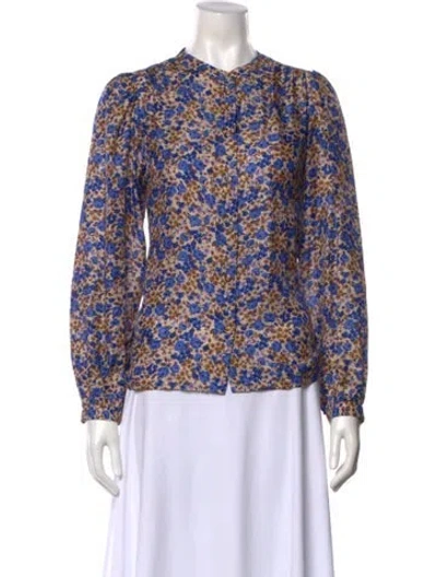 Pre-owned Sézane Floral Print Crew Neck Blouse In Blue