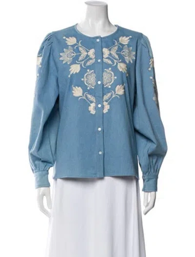 Pre-owned Sézane Floral Print Crew Neck Blouse In Blue