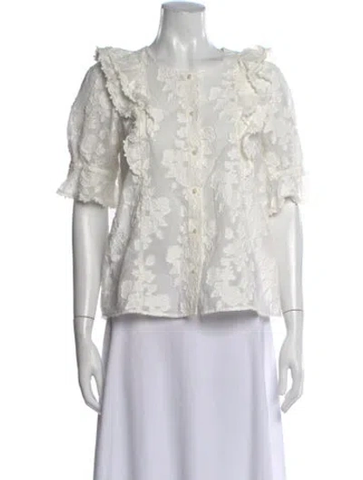 Pre-owned Sézane Floral Print Crew Neck Blouse In White