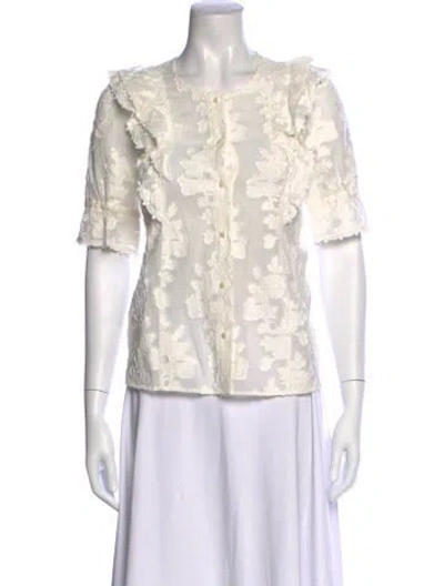 Pre-owned Sézane Floral Print Crew Neck Blouse In White