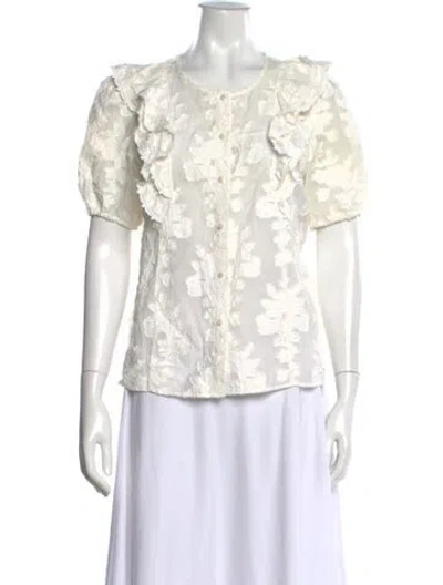 Pre-owned Sézane Floral Print Crew Neck Blouse In White
