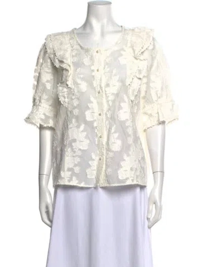 Pre-owned Sézane Floral Print Crew Neck Blouse In White