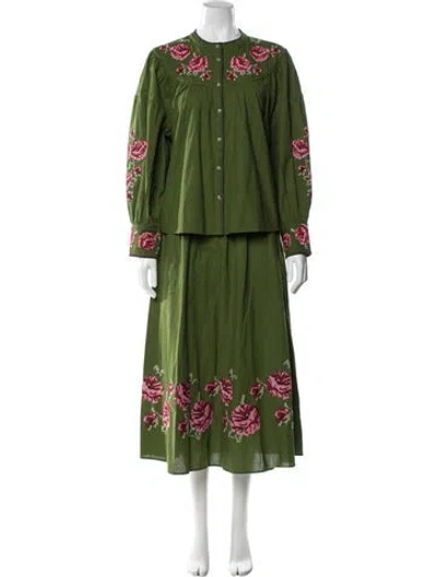 Pre-owned Sézane Floral Print Embroidered Accent Set In Green