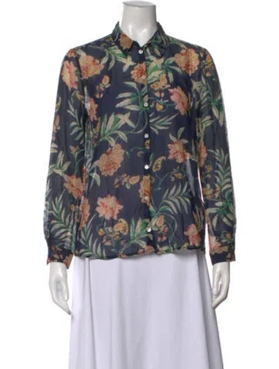 Pre-owned Sézane Floral Print Long Sleeve Blouse In Blue