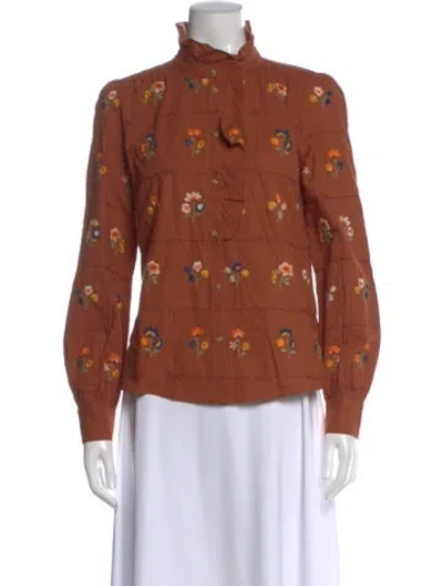 Pre-owned Sézane Floral Print Long Sleeve Blouse In Brown