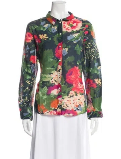 Pre-owned Sézane Floral Print Long Sleeve Blouse In Green