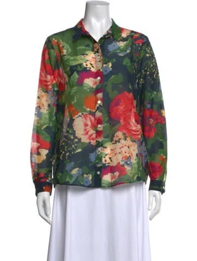 Pre-owned Sézane Floral Print Long Sleeve Blouse In Green